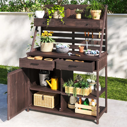 Deck Boxes Brown Fir Wood Potting Bench - 5-Drawer Garden Workstation with Slatted Back Panel & Storage Cabinet,Patio Storage Boxes
