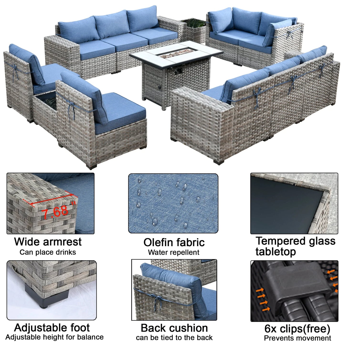 Ovios 13 Pieces Outdoor Patio Furniture with Fire Pit Table All Weather Wicker Sectional Set for Porch