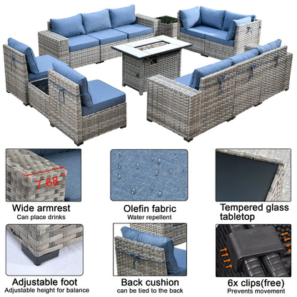 Ovios 13 Pieces Outdoor Patio Furniture with Fire Pit Table All Weather Wicker Sectional Set for Porch