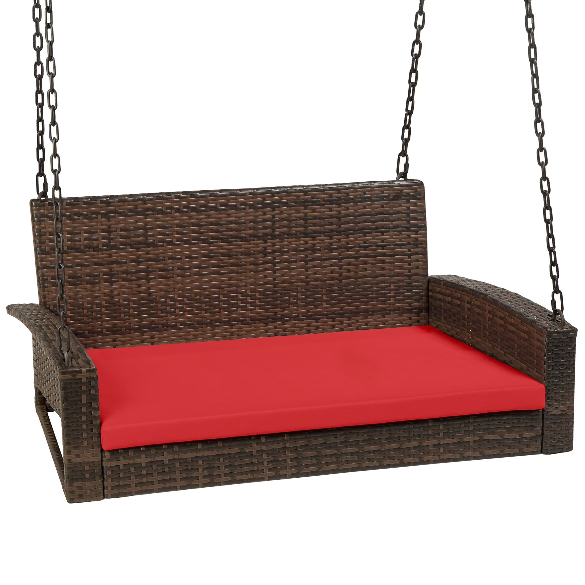 Best Choice Products Woven Wicker Hanging Porch Swing Bench for Patio, Deck w/Mounting Chains, Seat Cushion - Gray/Navy