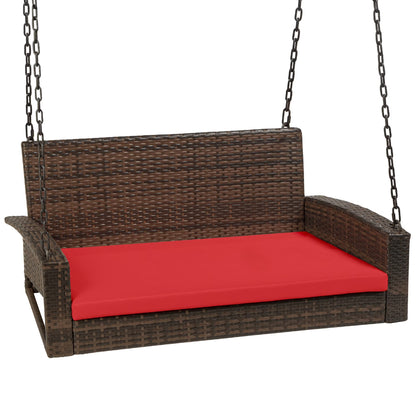 Best Choice Products Woven Wicker Hanging Porch Swing Bench for Patio, Deck w/Mounting Chains, Seat Cushion - Gray/Navy