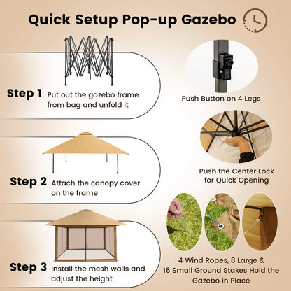 Costway 13x13ft Pop-up Instant Canopy Tent Mesh Sidewall UV50+ Adjust Outdoor Patio Khaki
