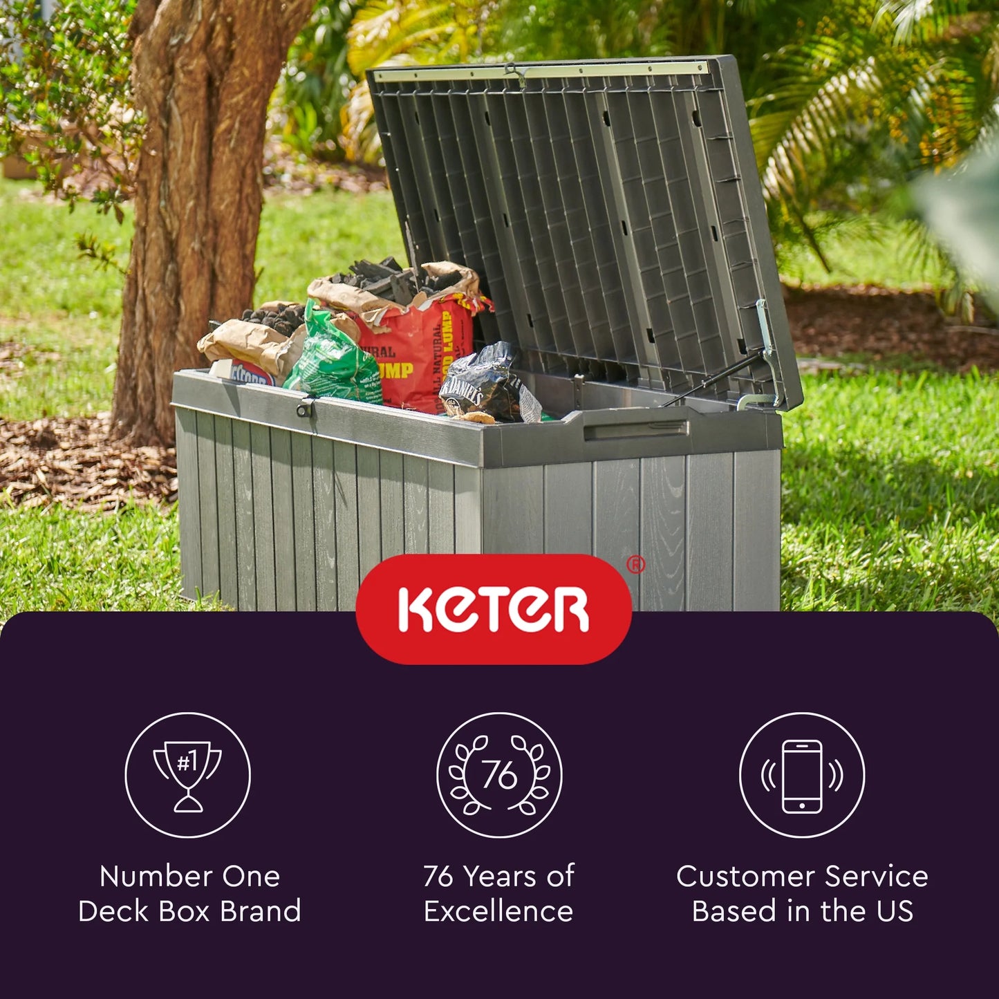 Keter Darwin 100 Gallon Large Resin Deck Box for Patio Outdoor Storage, Grey