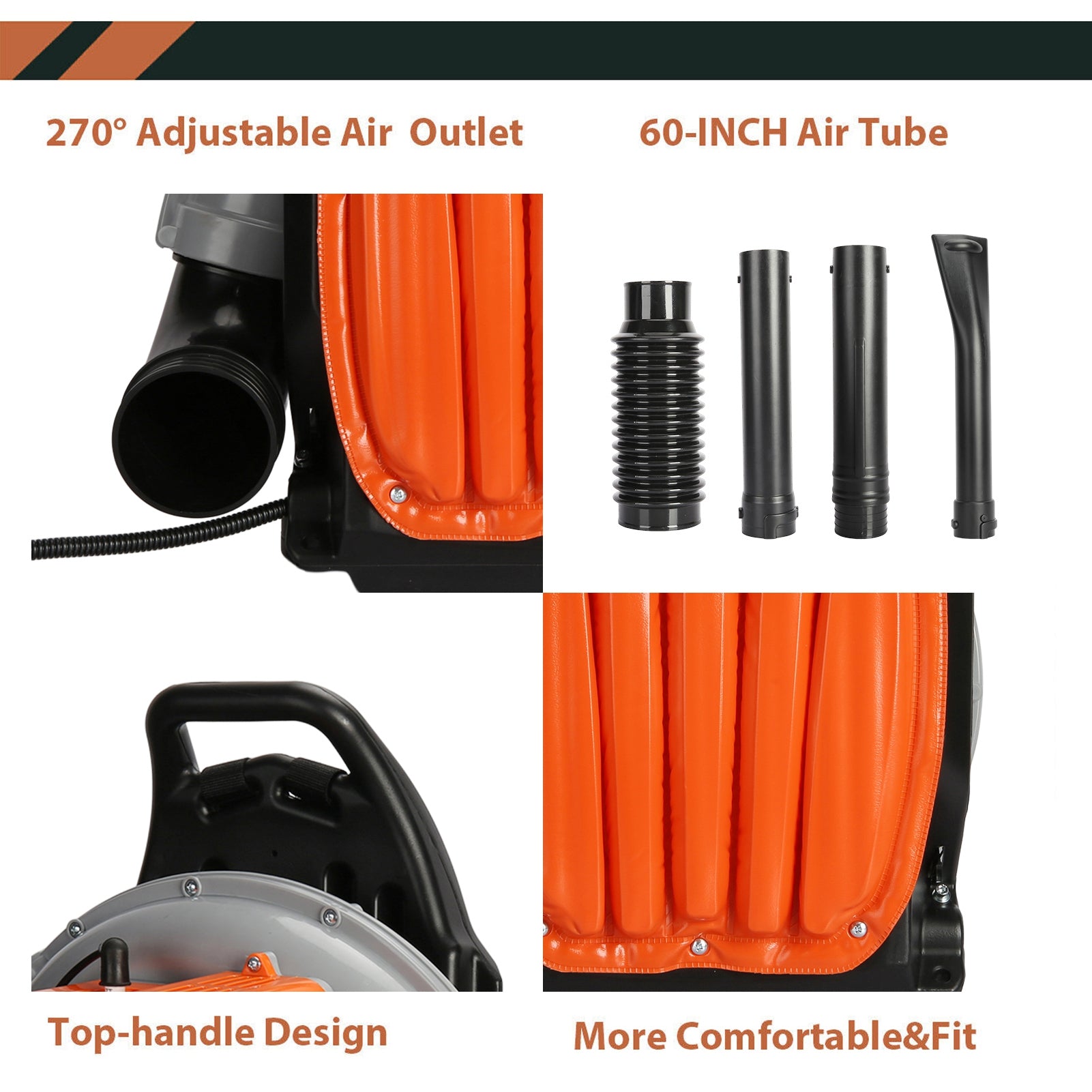 Limorve EB650 Backpack Leaf Blower, 2-Stroke Engine Multi-purpose 63 Cubic Centimeter High Strength Snow Blower for Lawn Care, Patio, Sidewalk,Snow Blowing-Orange