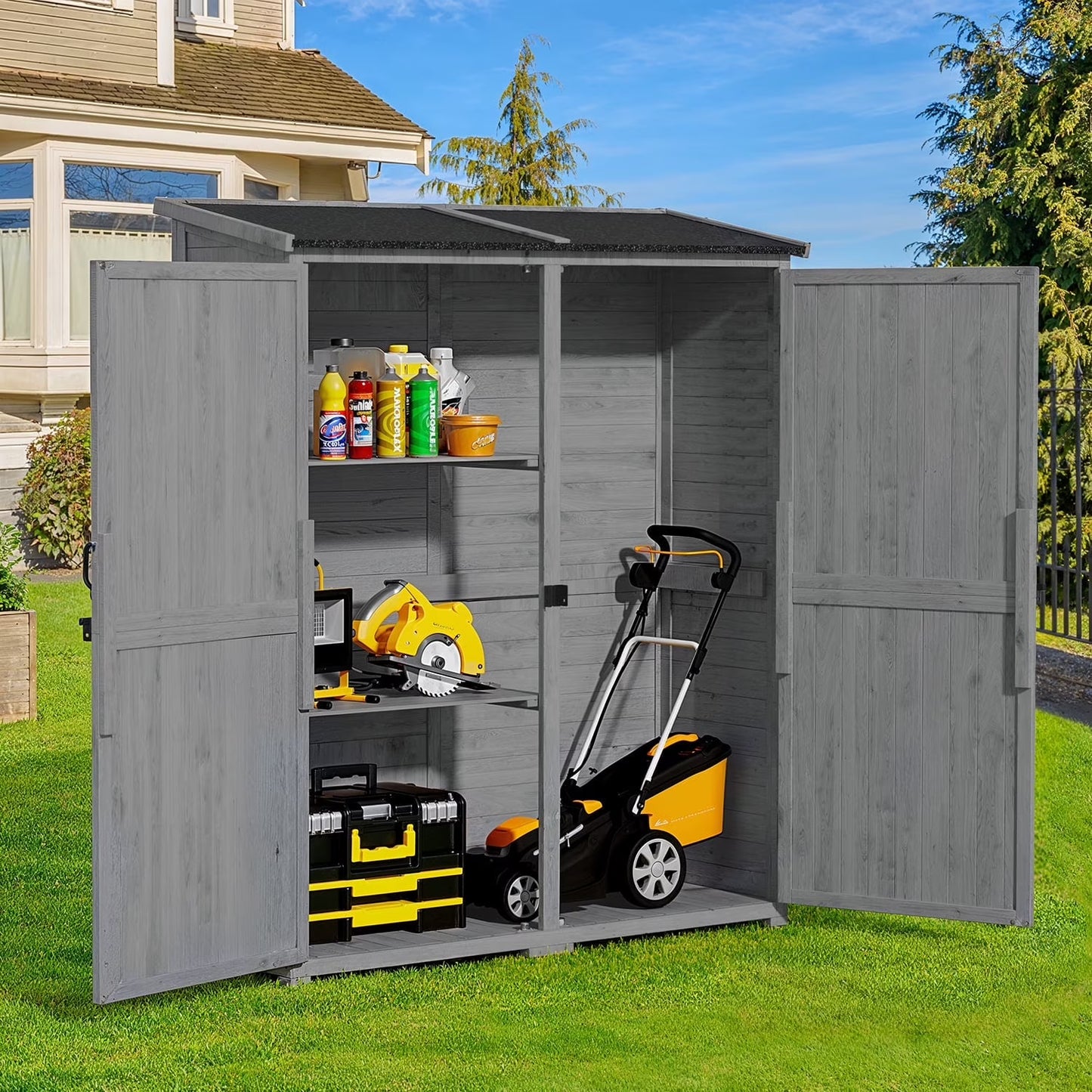 Aiho 55 in. Wide Outdoor Storage Shed with Lockable Double Doors - Weather-Resistant Garden Shed for Patio, Backyard & Lawn, Gray