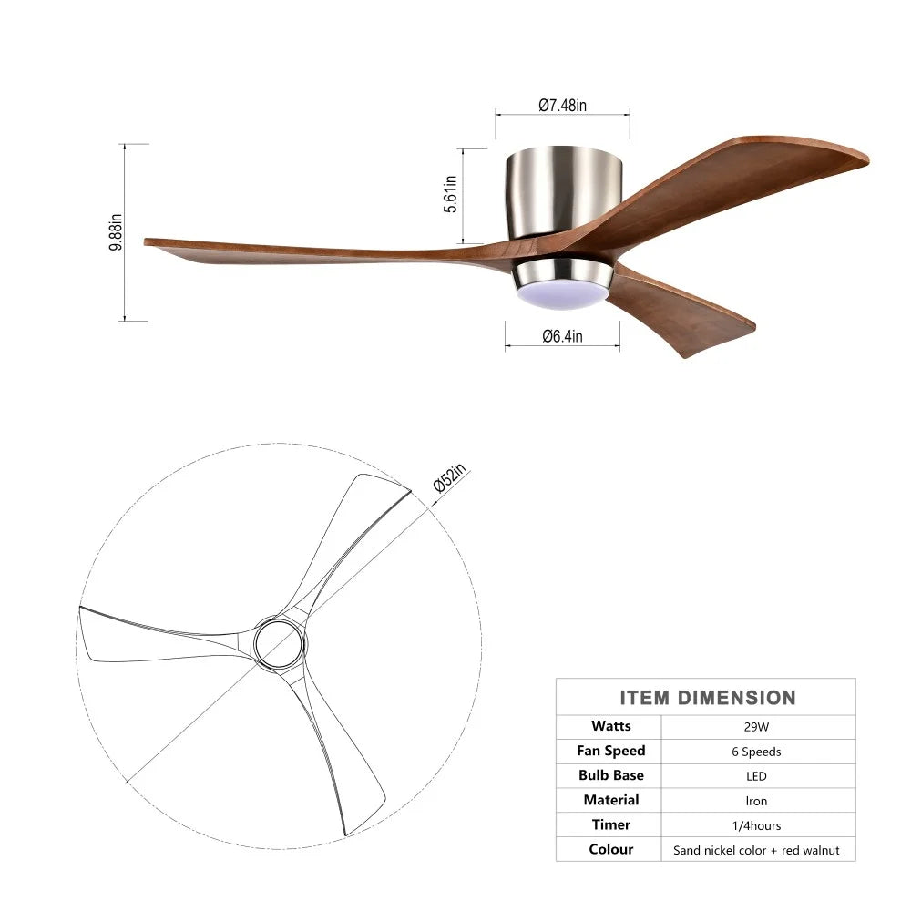 IVV 52 Inch Classic Flush Mount LED Ceiling Fan with Light, Remote Control, Reversible Motor, 6 Speed, 3 Wooden Blades for Bedroom Living Room Patio - Walnut