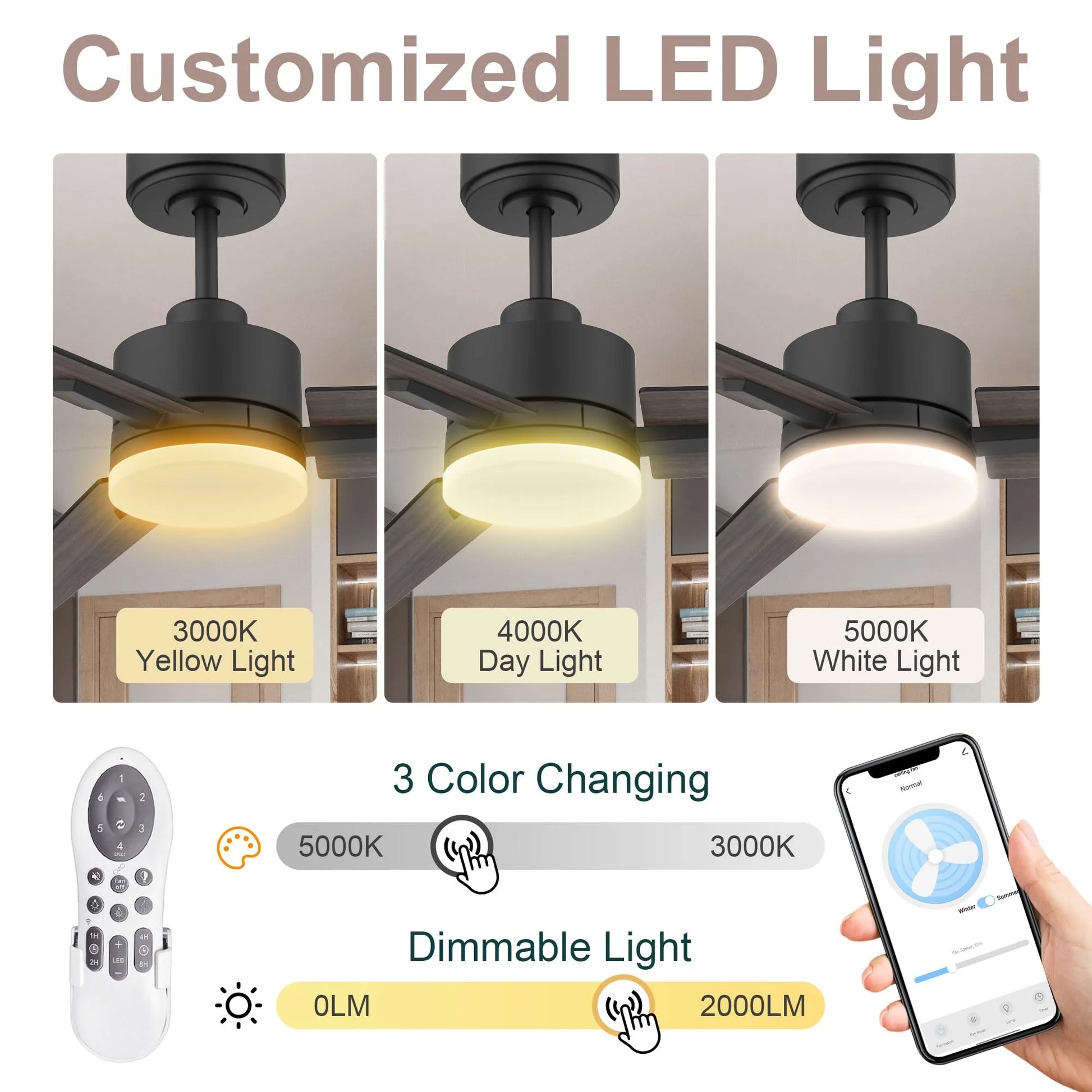 52 Inch Black and Walnut Brown Smart Ceiling Fan with LED Lights Remote,for Bedroom Patio Porch