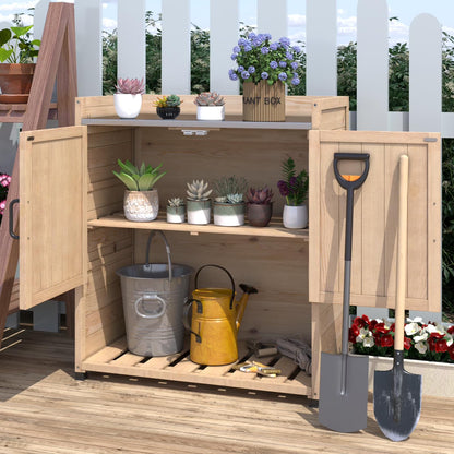 YODOLLA Potting Bench, Wooden Outdoor Storage Cabinet with Adjustable Shelf, Patio Storage with Metal Tabletop, Potting Table for Garden, Patio and Lawns, Gray