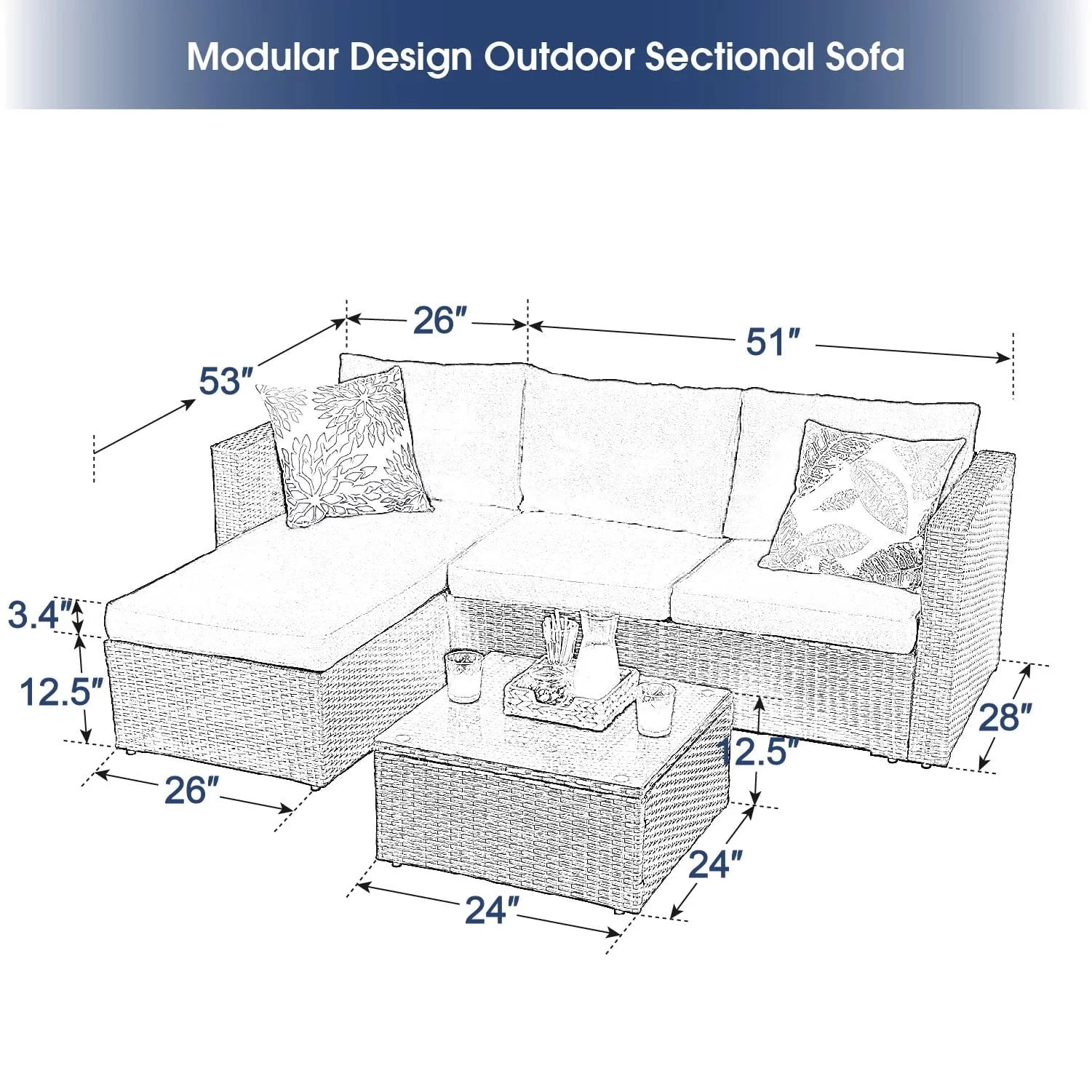 MF Studio 3 Pieces Outdoor Sectional Sofa Set Wicker Patio Furniture Conversation Set with Navy Blue Cushions