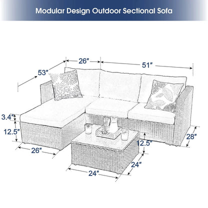 MF Studio 3 Pieces Outdoor Sectional Sofa Set Wicker Patio Furniture Conversation Set with Navy Blue Cushions