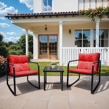 Devoko 3 Pieces Rocking Patio Furniture Sets Outdoor Rocking Chair PE Rattan Bistro Rocker Conversation Sets with Coffee Table for Garden, Beige