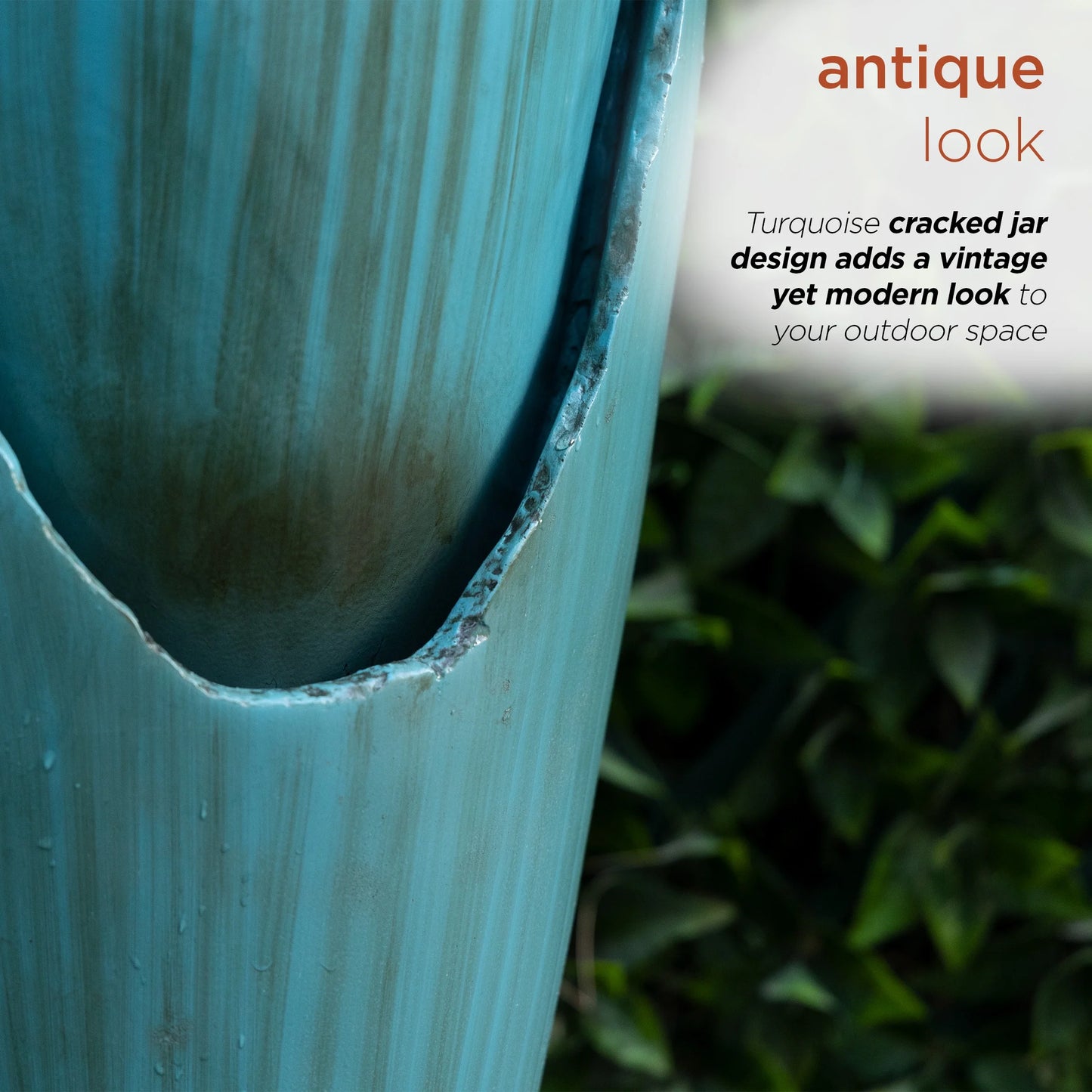 Alpine Corporation - 33" Tall Outdoor Antique Jar Water Fountain with LED Lights, Vintage Light Waterfall Relaxing Garden Fountain for Patio, Deck, or Yard (Turquoise)