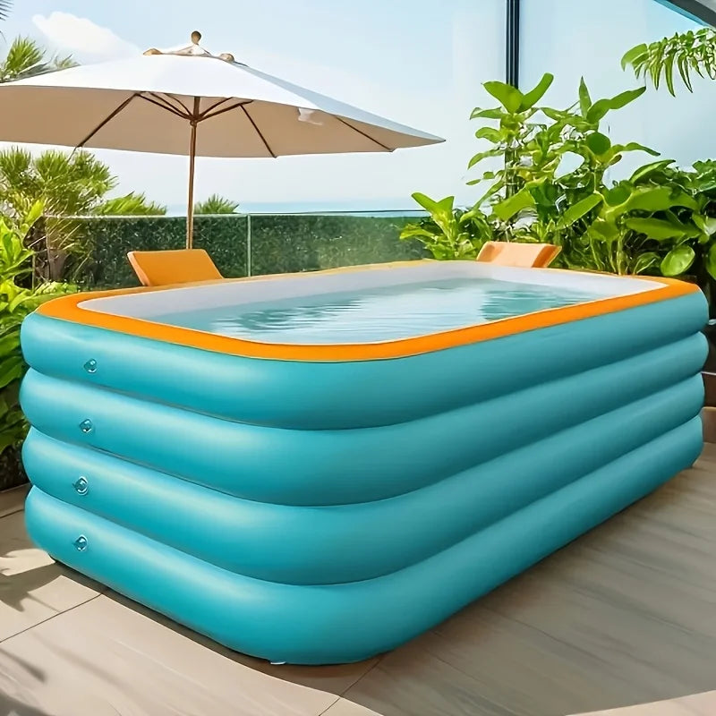 Super Large 3.1m 4-Layer Heightened & Thick Inflatable Swimming Pool - Foldable PVC Sunscreen Material, 4-Person Capacity, Blue & White Rectangular Design with Smooth Surface for Patio