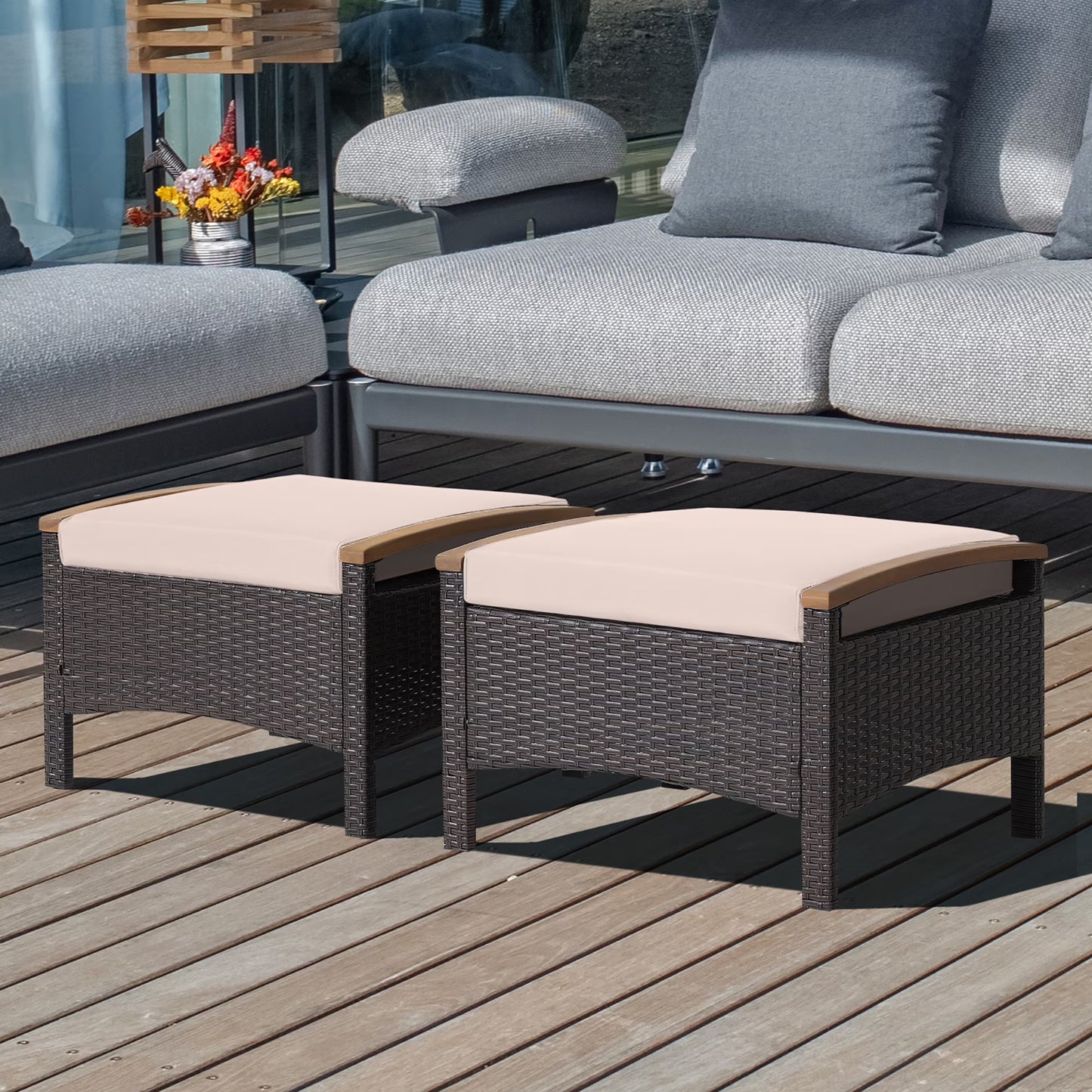 Costway Set of 2 Patio Rattan Ottoman Footrest Cushions Wooden Handle Beige