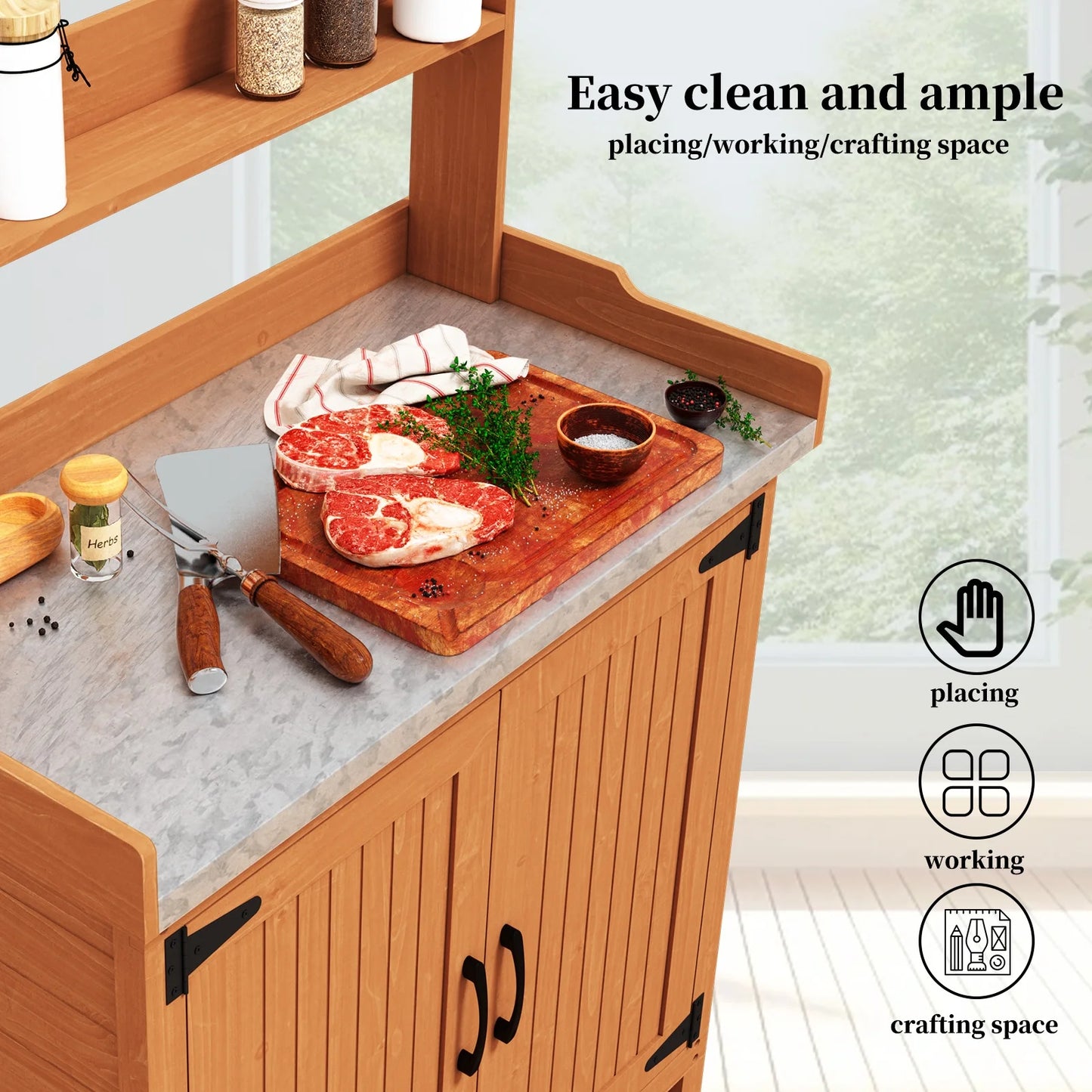 HLR Potting Bench with Storage, Galvanized Steel Tabletop Outdoor Potting Table with Storage for Garden Patio, Original Wood