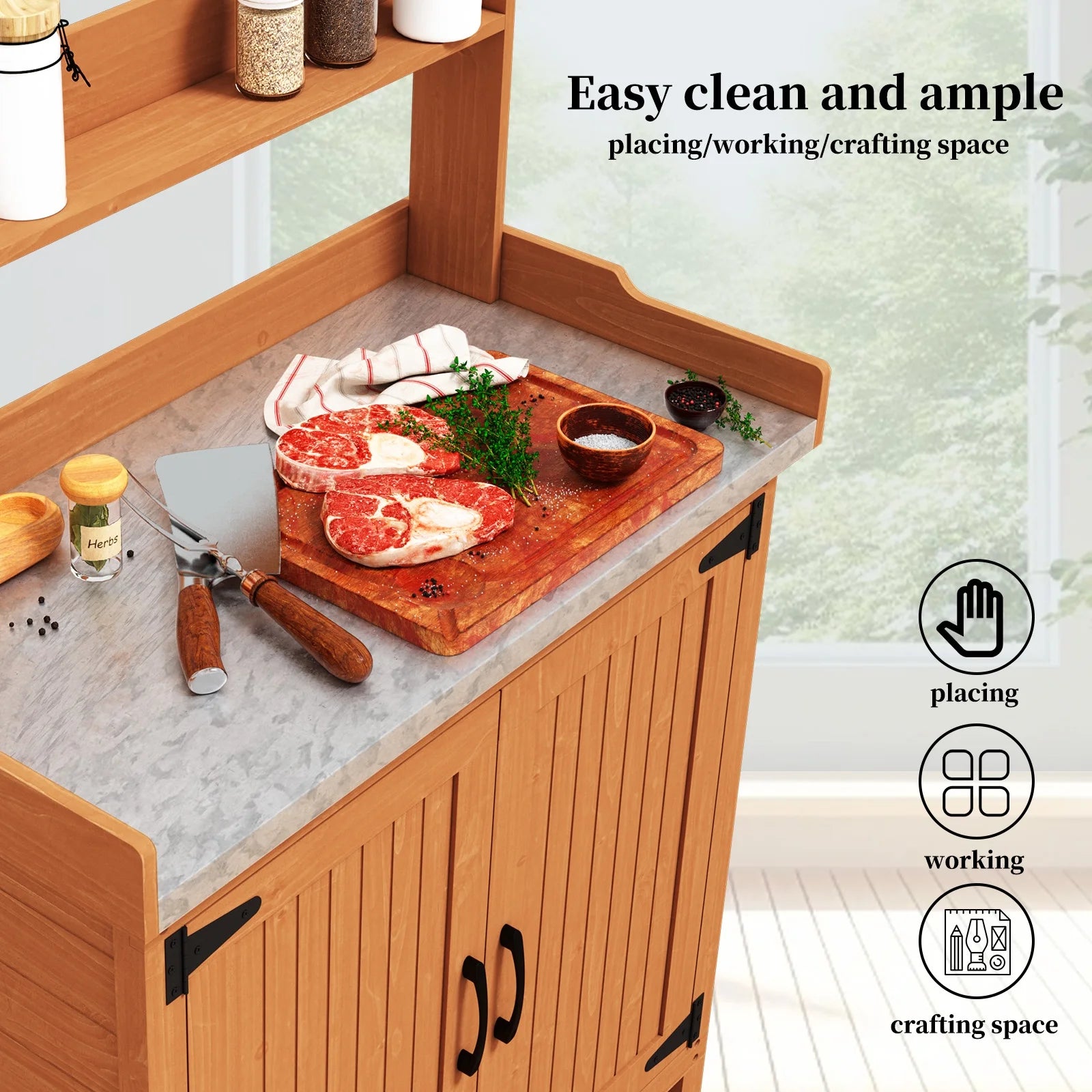 HLR Potting Bench with Storage, Galvanized Steel Tabletop Outdoor Potting Table with Storage for Garden Patio, Original Wood