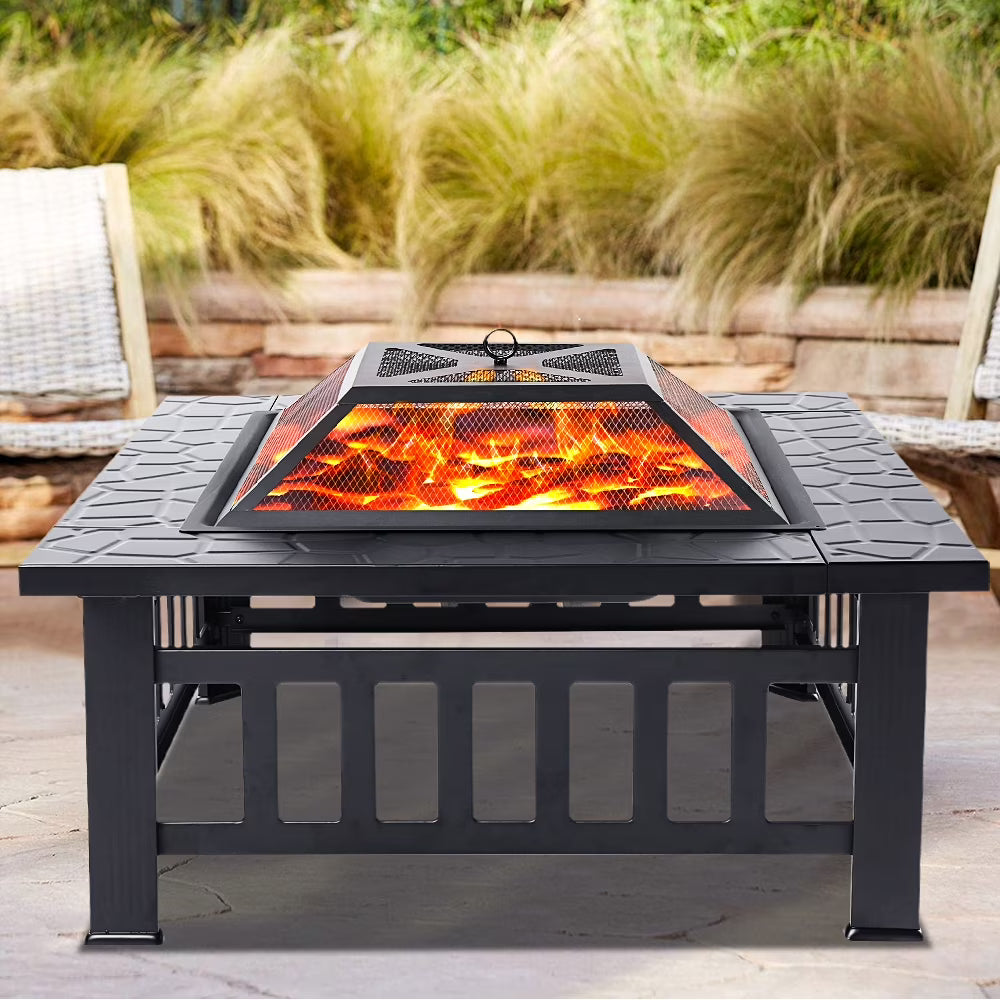 Wood Burning Fire Pits for Outside, 32" Square Iron Fire Pit Backyard Patio Garden Stove Wood Burning Fire Pit w/Mesh Screen Lid, Wood Grate, Poker, Durable Fire Pit, Q5946