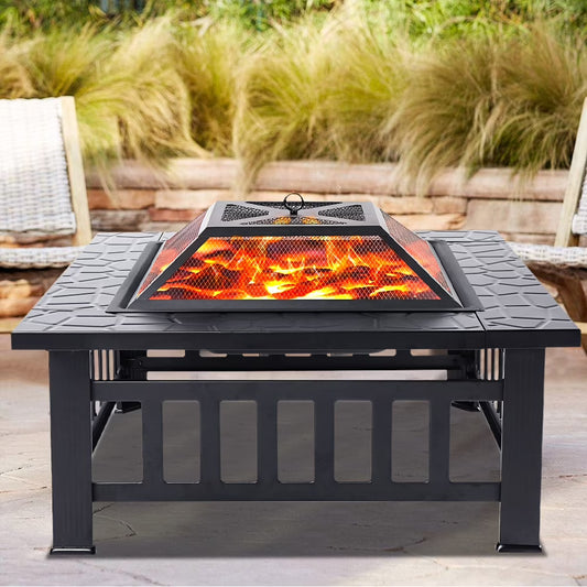Wood Burning Fire Pits for Outside, 32" Square Iron Fire Pit Backyard Patio Garden Stove Wood Burning Fire Pit w/Mesh Screen Lid, Wood Grate, Poker, Durable Fire Pit, Q5946