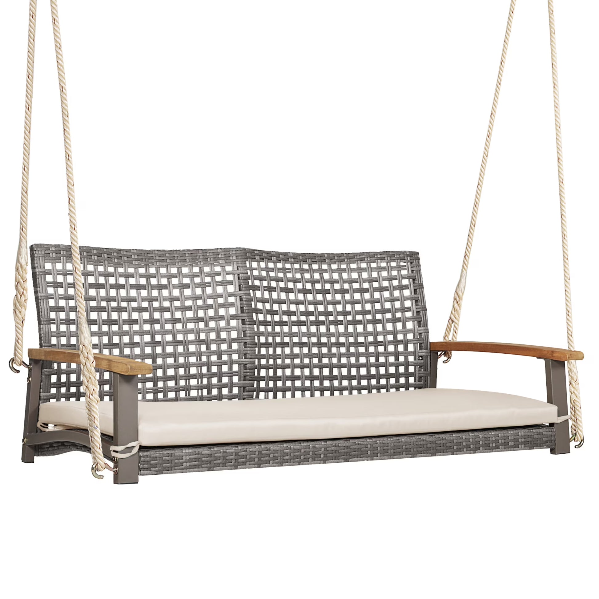 Costway 2-Person Patio Wicker Hanging Swing Chair Loveseat Cushion Porch Black