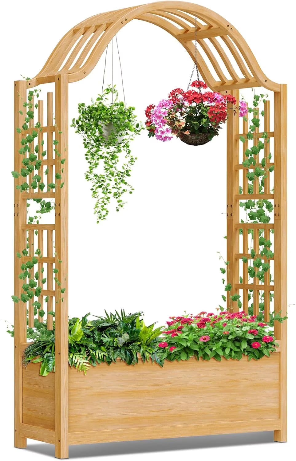 Slsy 63" Screen Raised Garden Bed, Wooden Planter Box with Hanging Roof & Drainage Holes, Indoor Outdoor Elevated Planter for Vine, Climbing Plants, Flowers, Patio & Garden