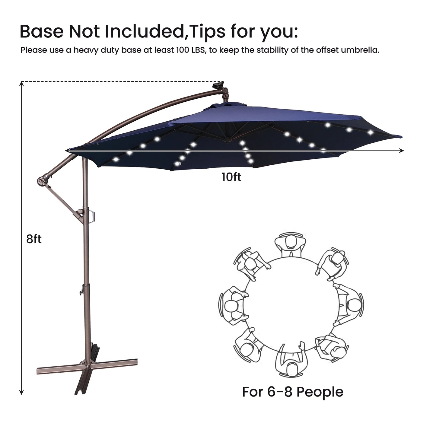Mondawe 10ft Solar Lights Offset Cantilever Patio Umbrella - with Light, LED Lighted Offset Hanging Patio Outdoor Market Umbrella UPF50+ UV Protection with Crank,Navy Blue