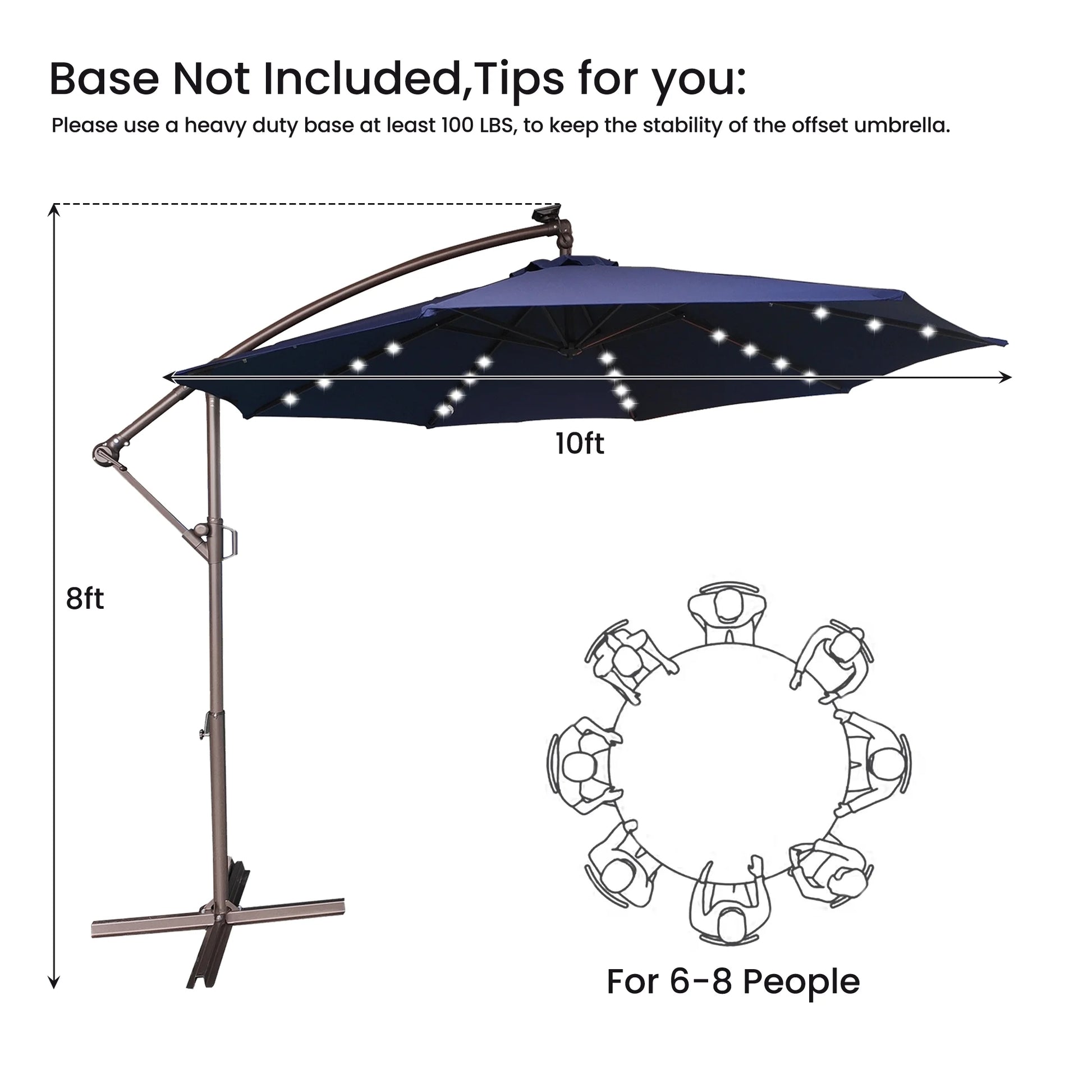 Mondawe 10ft Solar Lights Offset Cantilever Patio Umbrella - with Light, LED Lighted Offset Hanging Patio Outdoor Market Umbrella UPF50+ UV Protection with Crank,Navy Blue