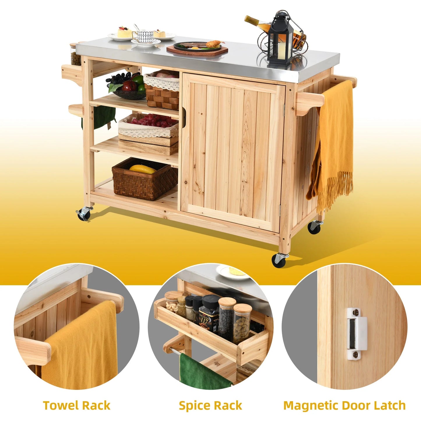 DWVO Outdoor Table and Storage Cabinet Solid Wood Movable Grill Table with Stainless Steel Top for Outside Patio Kitchen Island or Bar Cart