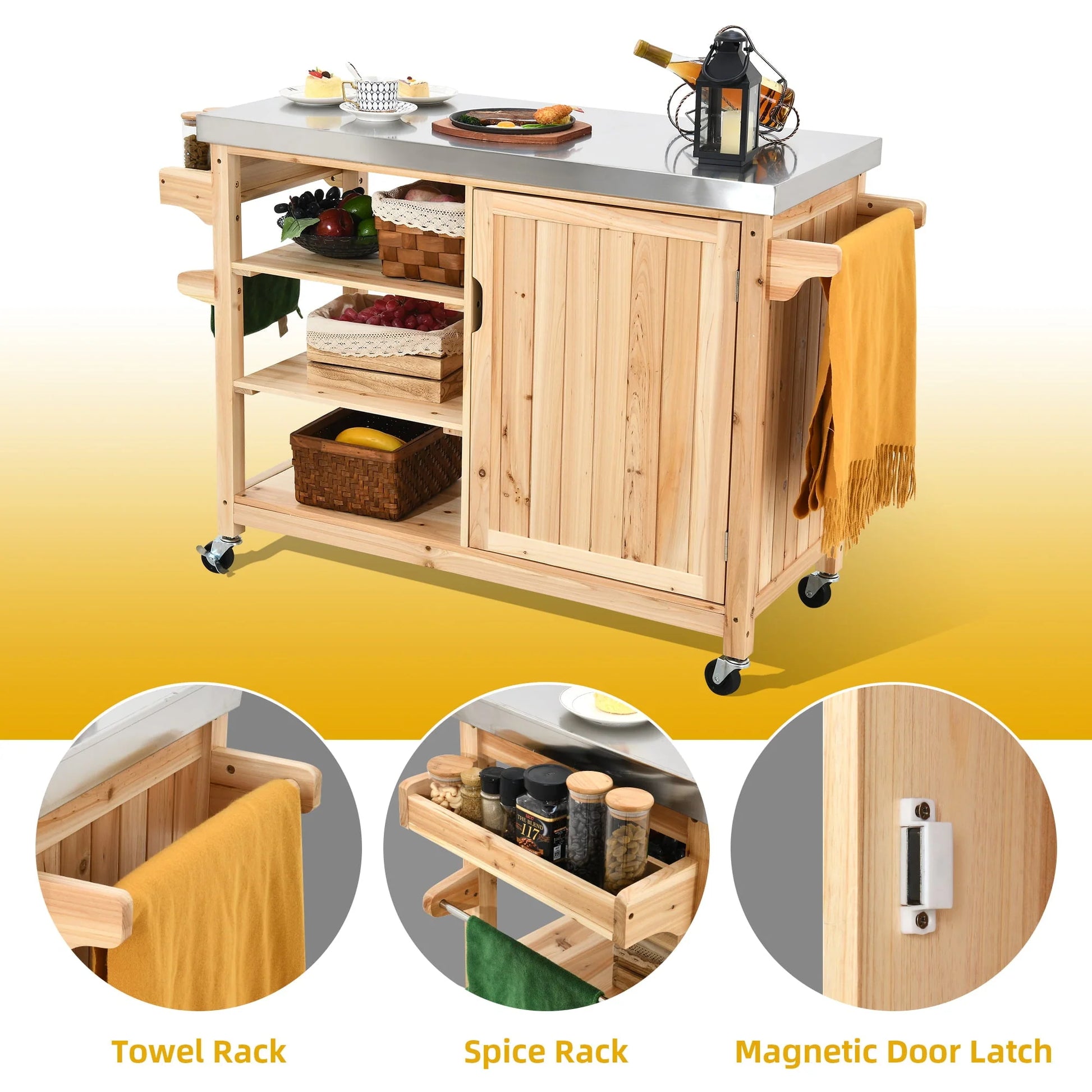 DWVO Outdoor Table and Storage Cabinet Solid Wood Movable Grill Table with Stainless Steel Top for Outside Patio Kitchen Island or Bar Cart