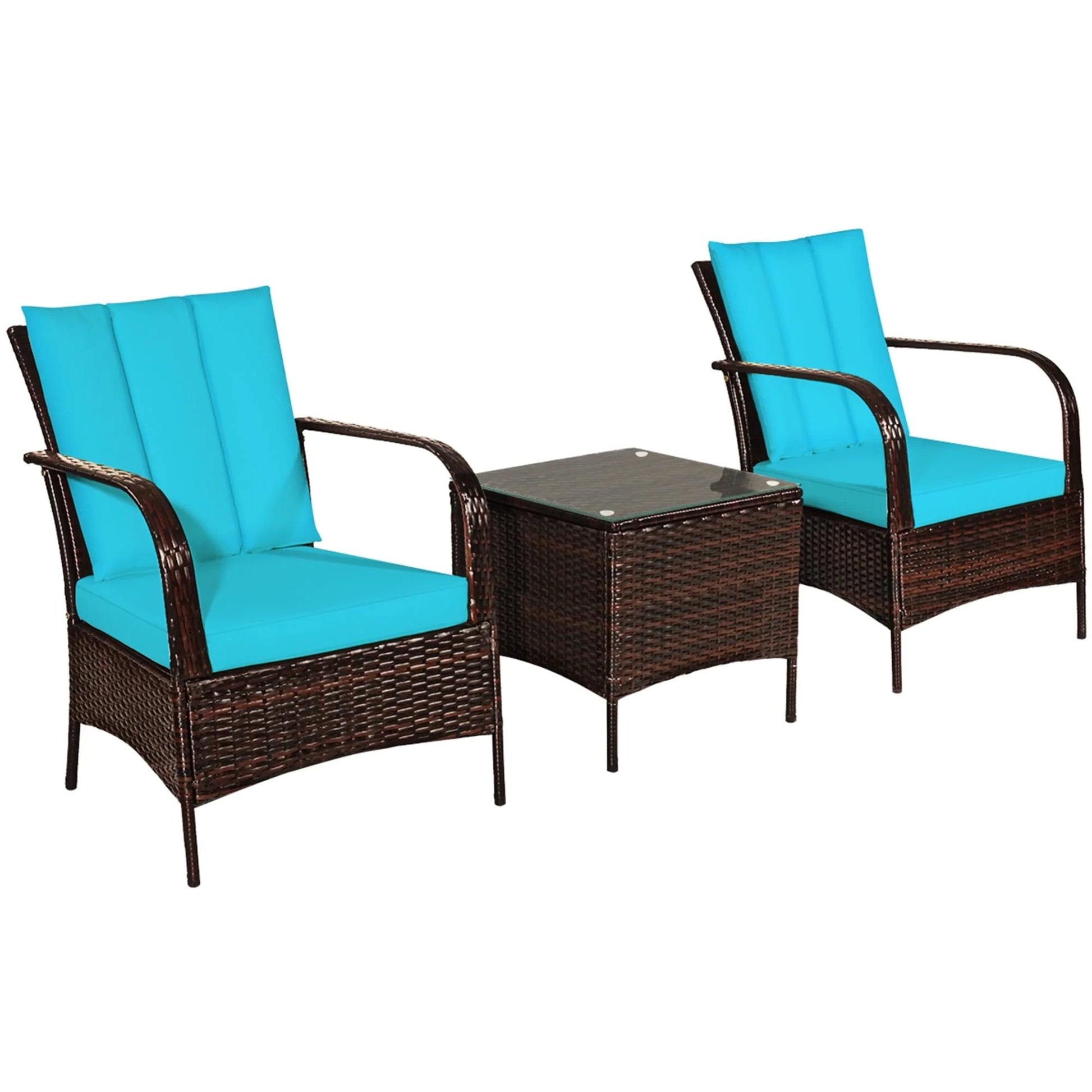 Gymax 3PCS Patio Rattan Conversation Set Outdoor Furniture Set w/Turquoise Cushion