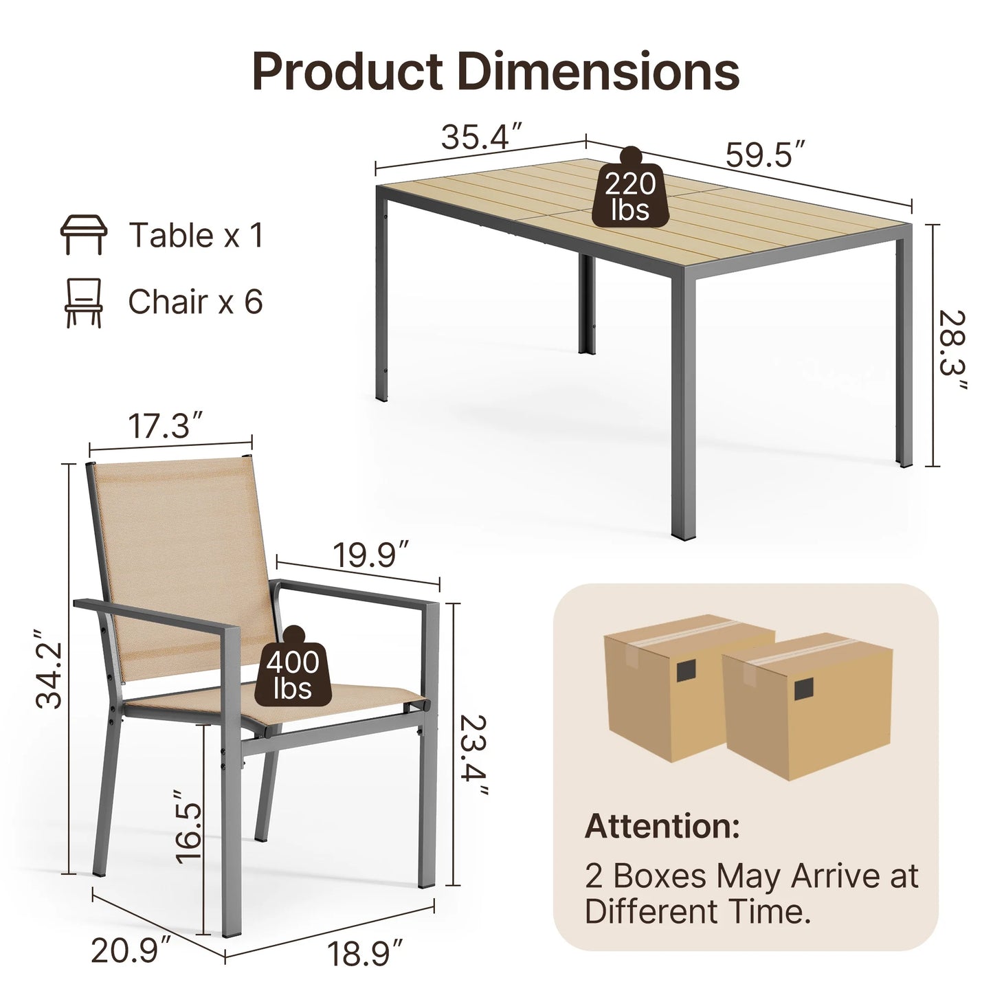 Outdoor Dining Set, Lofka 7 Piece Patio Dining Table Set for 6 Persons with Cool Textilene Armchairs for Backyard & Garden, Brown