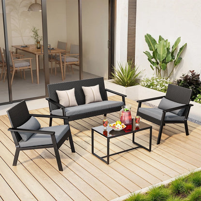 Lofka Outdoor Patio Furniture Set Clearance with Wicker Chairs and Tempered Glass Table for Balcony|Garden|Porch, Gray Cushions