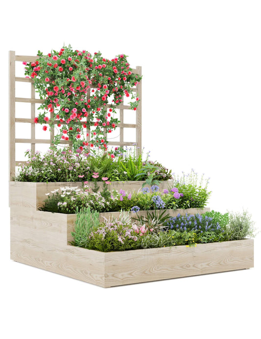 Riedhoff 3-Tier Wooden Raised Garden Bed with Trellis - Vertical Planter Box for Patio,Backyard