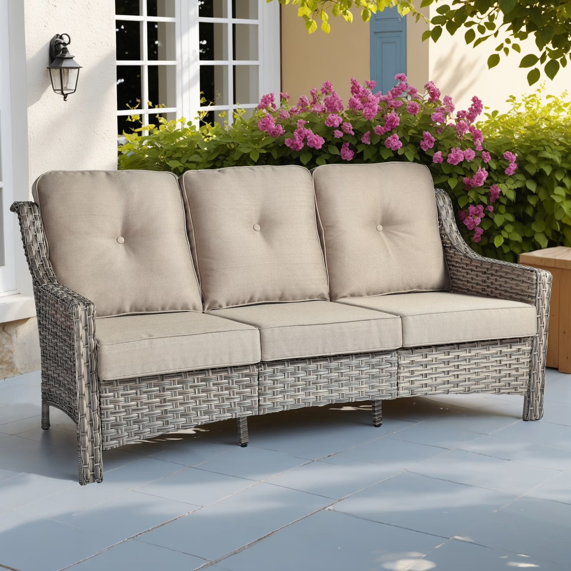 Ovios Outdoor Patio Sofa 3-Seater with Cushions All-Weather Wicker Rattan Couch for Garden, Porch, or Backyard