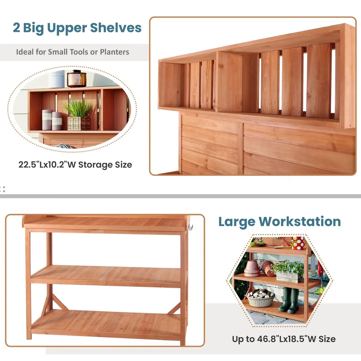 65" Outdoor Potting Bench Table, Farmhouse Wooden Garden Patio Workstation with 4 Storage Shelves and 3 Side Hooks, Multifunctional Potting Planting Table for Mudroom, Backyard, Natural