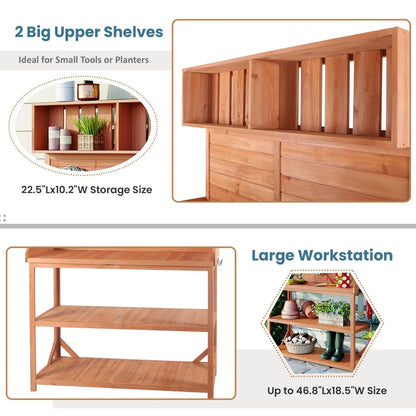 65" Outdoor Potting Bench Table, Farmhouse Wooden Garden Patio Workstation with 4 Storage Shelves and 3 Side Hooks, Multifunctional Potting Planting Table for Mudroom, Backyard, Natural