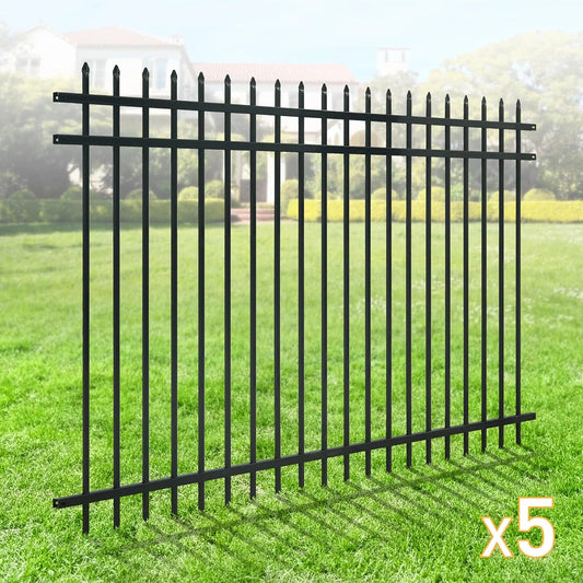 Fencer Wire Pack of 5 Heavy Duty Pinnacle Fence Barrier Panel, 5FT Height X 8FT Width Anti-Rust Metal Fencing Panel, 2 in. Diameter Steel Outdoor Decorative Garden Fence Panel for Yard, Pool, Patio