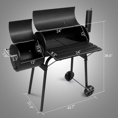 Smoker Grill, Outdoor BBQ Charcoal Grill W/2 Cooking Area, Portable Offset Smoker on Wheels for Patio Backyard Camping