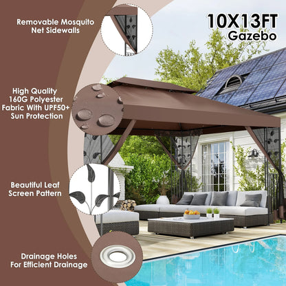 SANOPY 10'x13.3' Metal Patio Gazebo, Outdoor Gazebo Canopy Tent for Backyard with Mesh Curtains, Gazebos Shelter with Display Shelves, Steel Frame, Patio Covers for Tailgate