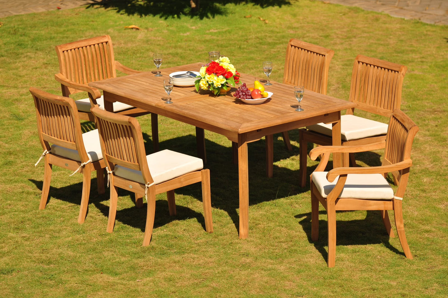 Teak Dining Set: 6 Seater 7 Pc: 94" Rectangle Table & 2 Stacking Arbor Arm & 4 Armless Chairs Outdoor Patio Grade-A Teak Wood WholesaleTeak #WMDSAB15