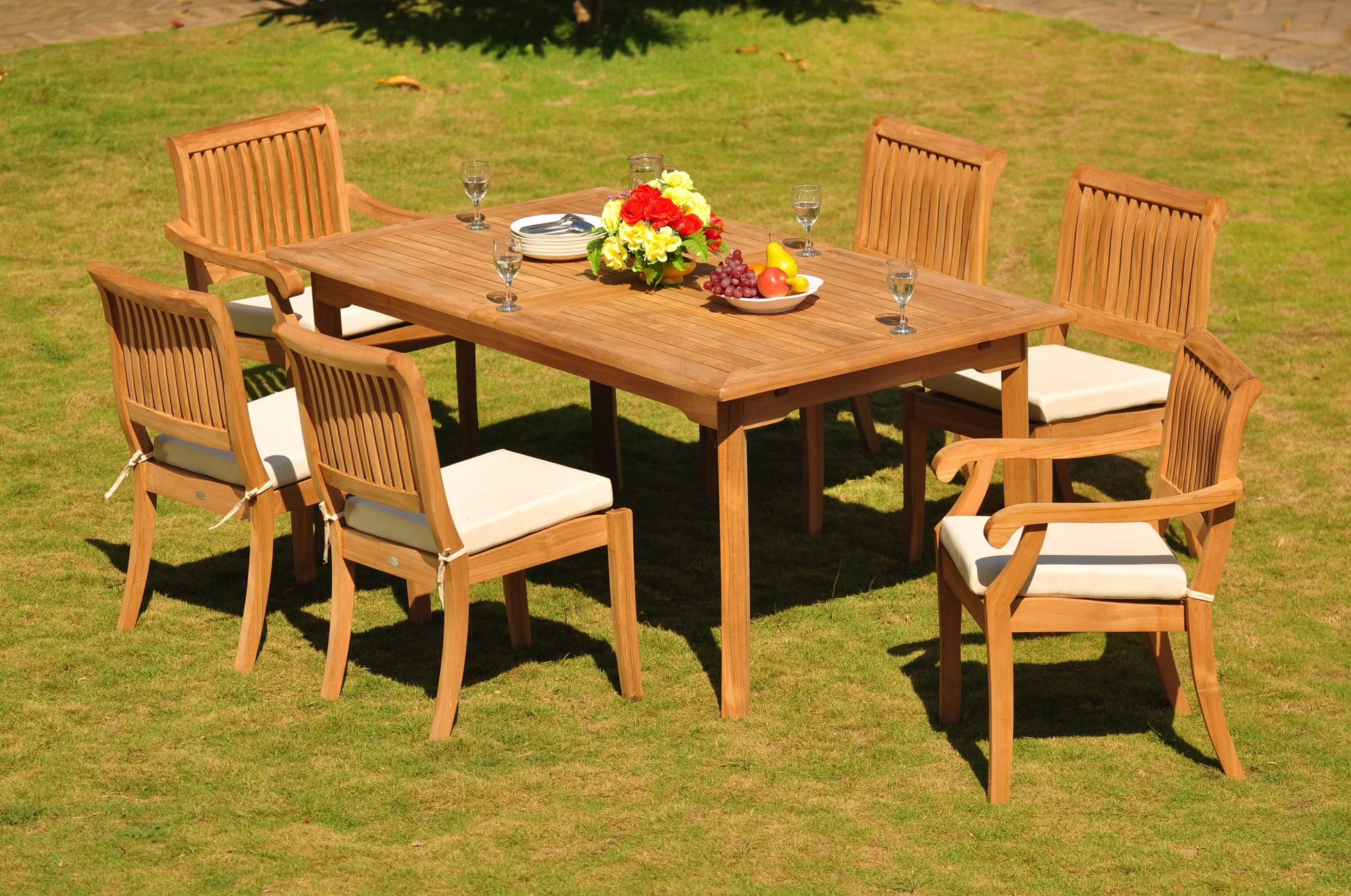 Teak Dining Set: 6 Seater 7 Pc: 94" Rectangle Table & 2 Stacking Arbor Arm & 4 Armless Chairs Outdoor Patio Grade-A Teak Wood WholesaleTeak #WMDSAB15