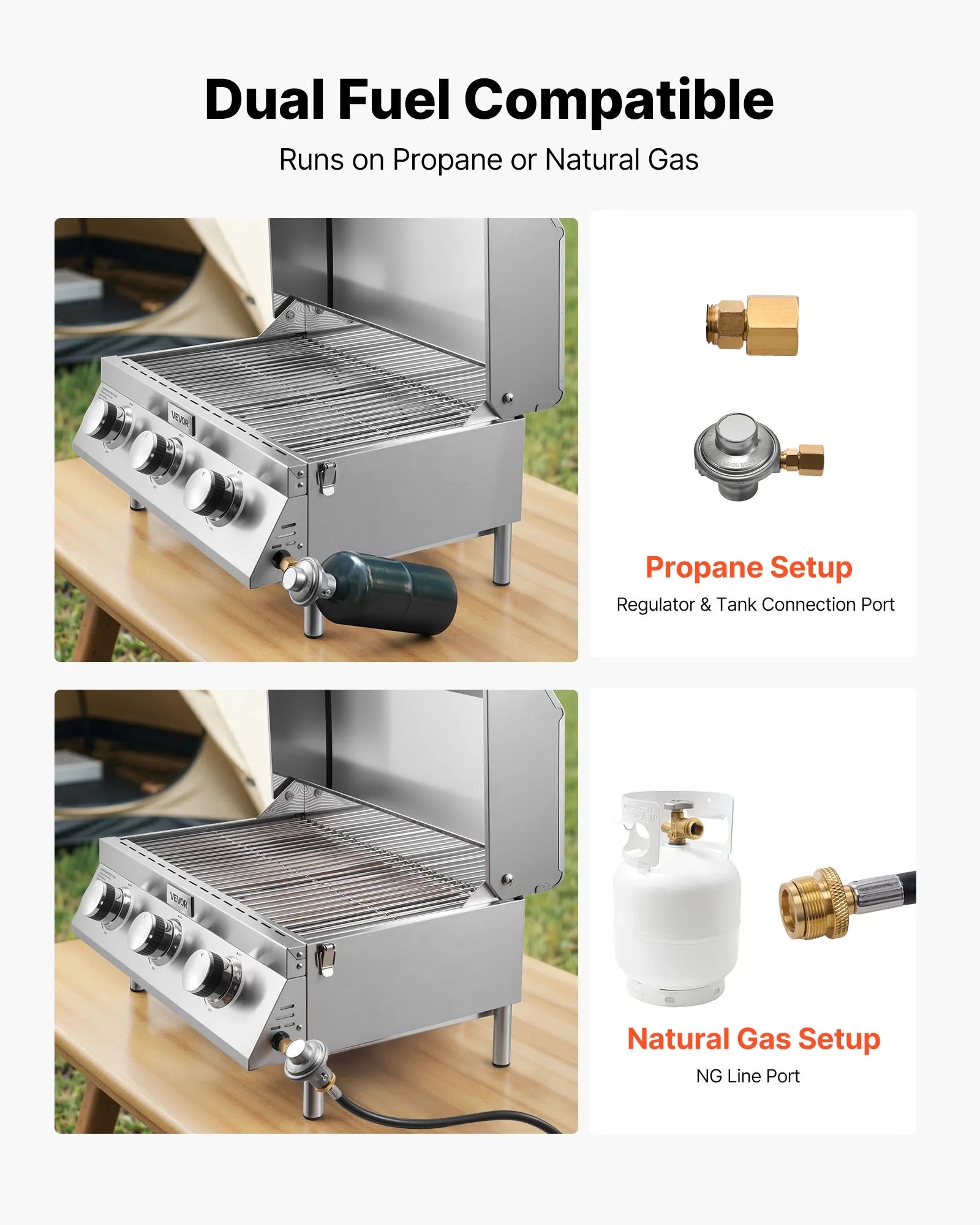 VEVOR Tabletop Gas Grill, 3-Burner Stainless Steel Portable Propane Grill, with Built-in Thermometer, Travel Locks, Weatherproof Lid, 22,500 BTU Total, for Outdoor Cooking,Patio,Party,Camping,RV