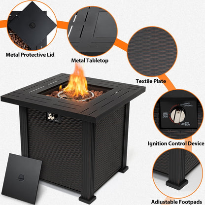 SEGMART 28'' Outdoor Gas Fire Pit Table, 40,000 BTU Propane Patio Heater with Lid and Lava Rocks, Propane Fire Pit Table with Auto-Ignition for Garden Patio Backyard Picnic