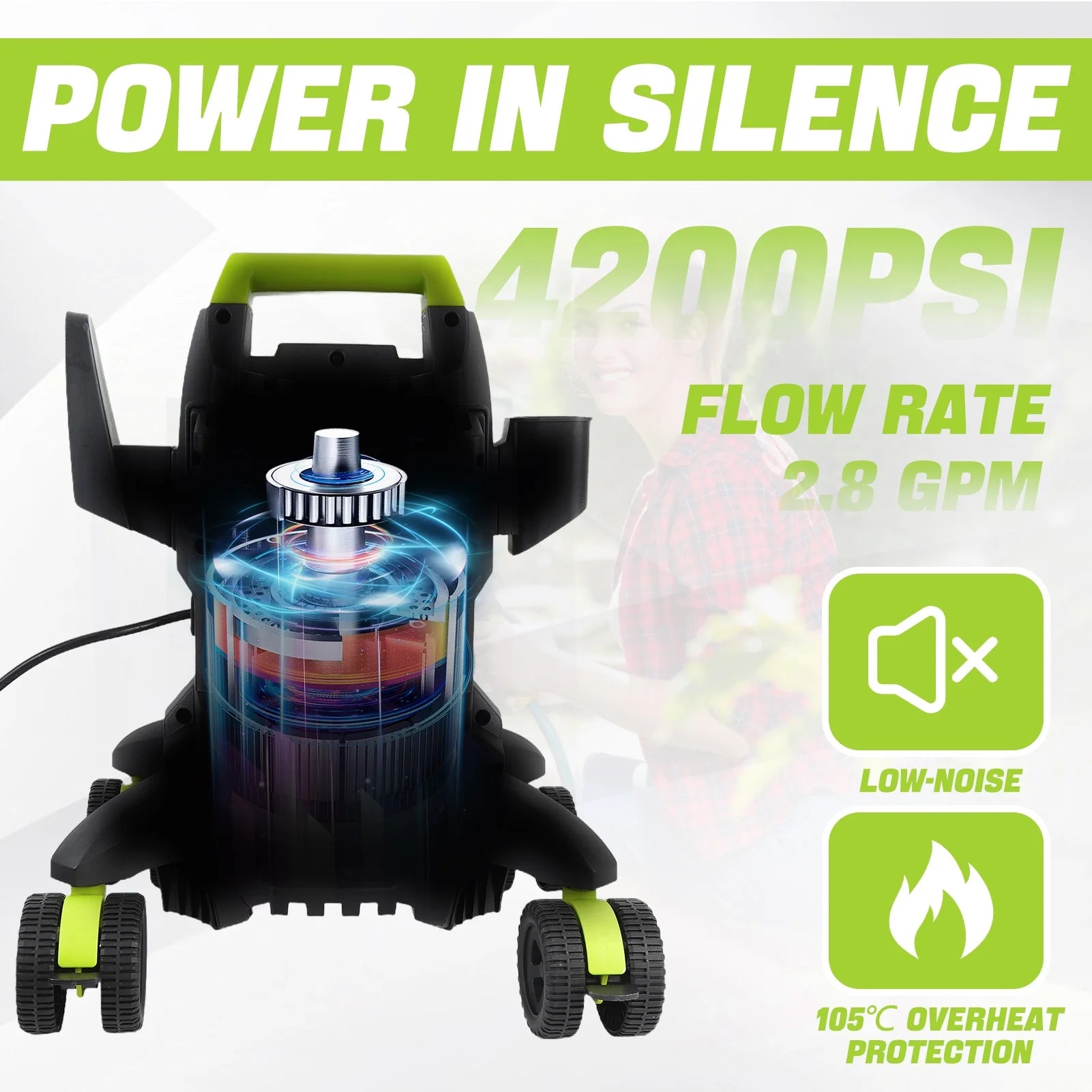 Electric Pressure Washer, 4000PSI Max. 2.8 GPM Power Washer w/32 ft Hose and 32 ft Power Cord, 4 Quick Connect Nozzles, 4 Wheels, Foam Cannon, Suitable For Clean Cars, Patios, Driveways