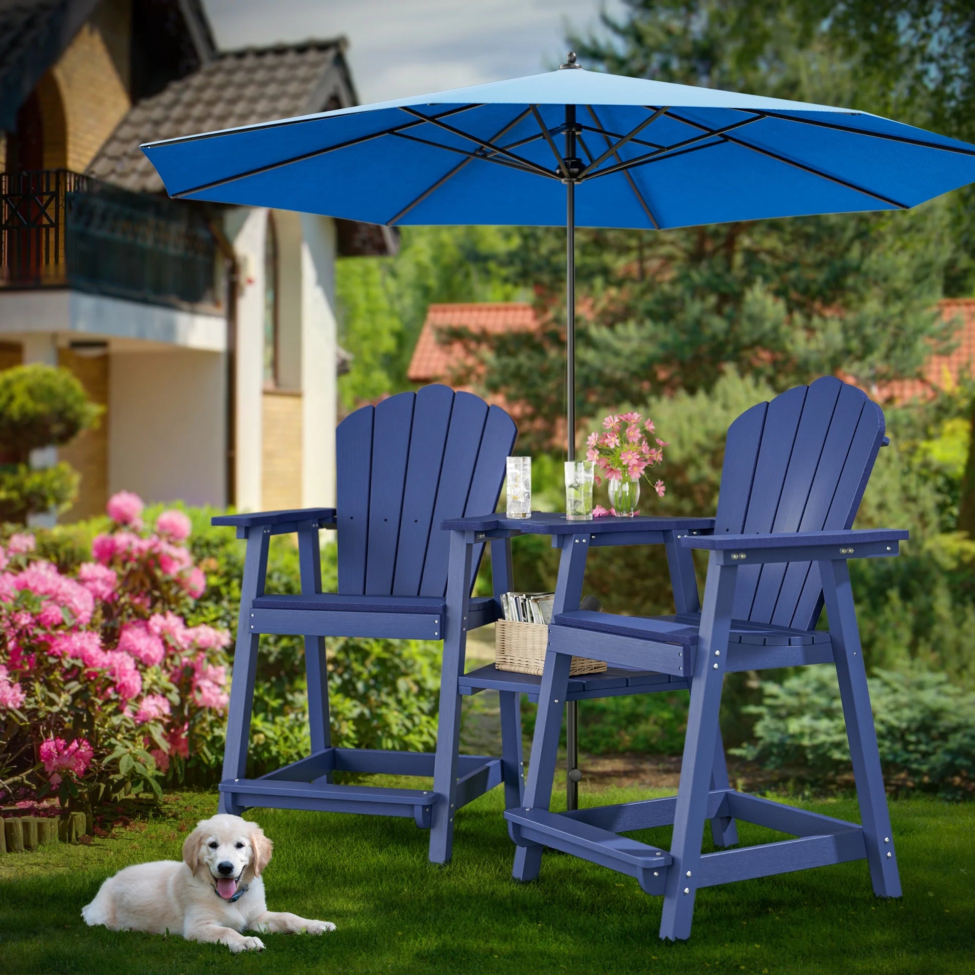 Buballino Bar Height Wooden Patio Set and Double Layer Connecting Tray - Set of 2, Navy Blue