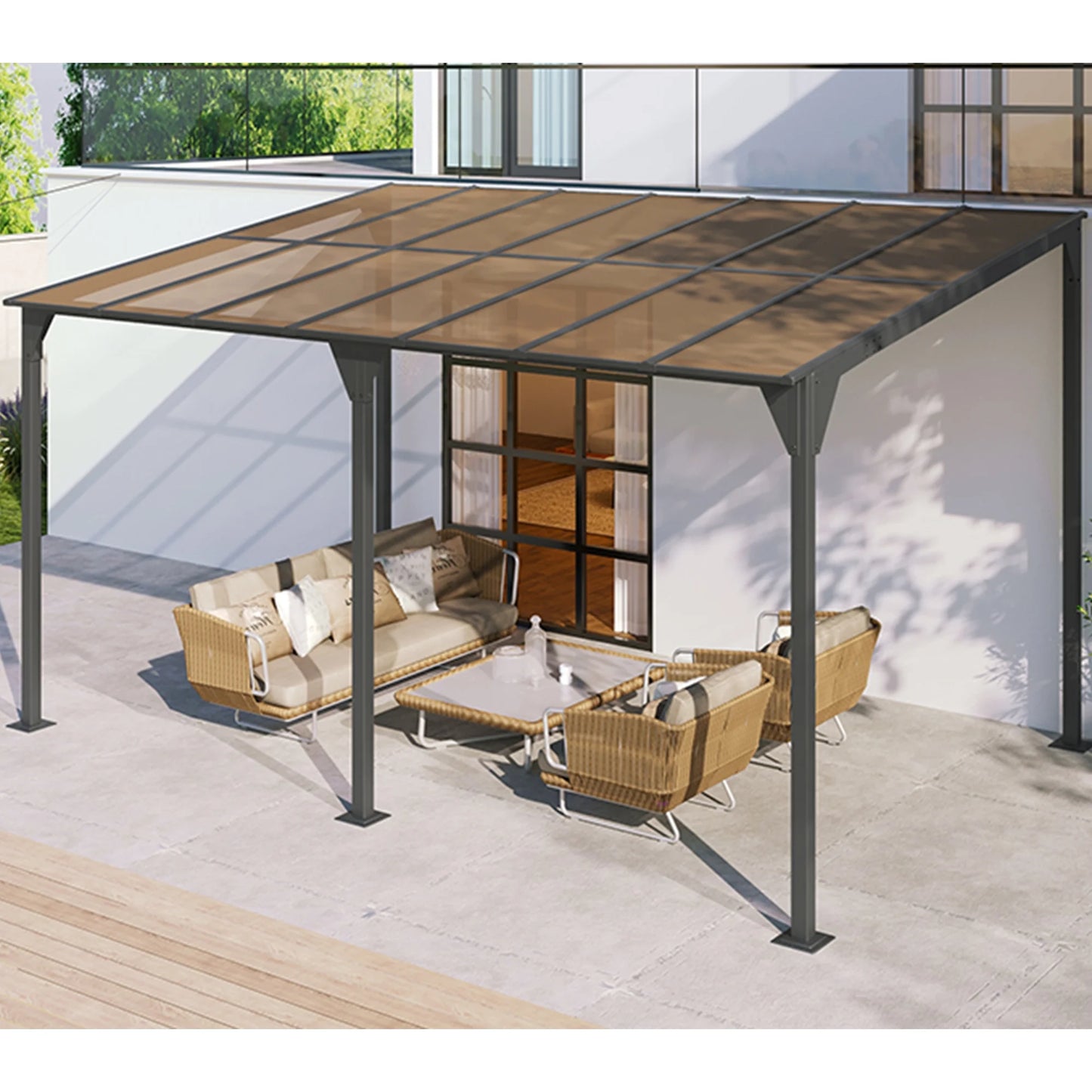14.76 x 9.22 FT Wall Mounted Gazebo, Patio Pergola Lean to Awning with PC Roof Panels, Outdoor Metal Gazebo with Powder-Coated Iron Frame, Shelter for Deck, Garden, Backyard, Gray