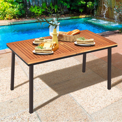Gymax Rectangle Patio Outdoor Dining Table Acacia Wood Tabletop w/2'' Umbrella Hole