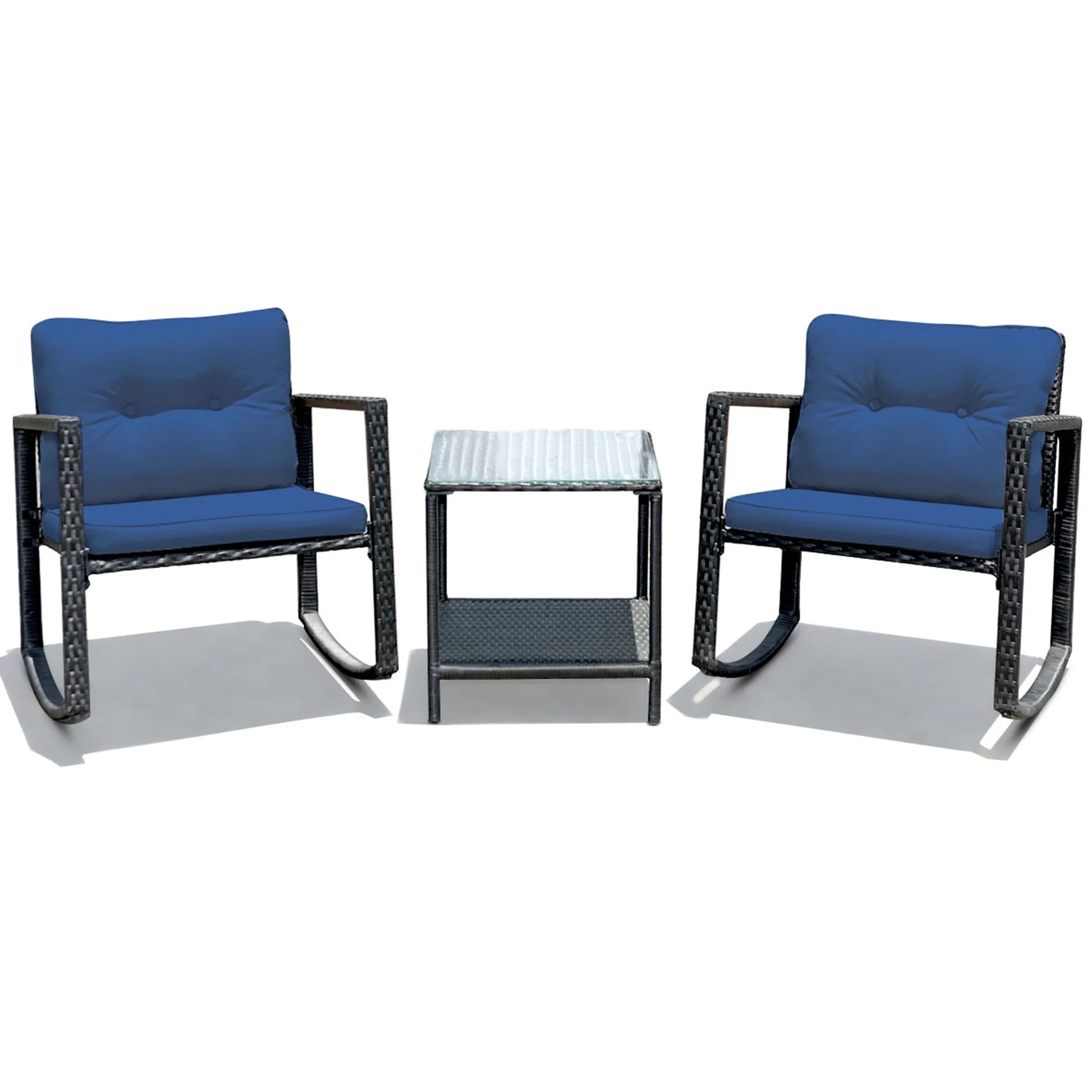 Gymax 3PCS Rattan Rocking Chair Table Set Patio Furniture Set w/Navy Cushions