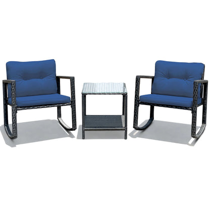 Gymax 3PCS Rattan Rocking Chair Table Set Patio Furniture Set w/Navy Cushions