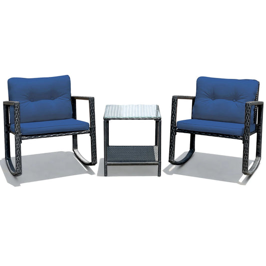 Gymax 3PCS Rattan Rocking Chair Table Set Patio Furniture Set w/Navy Cushions