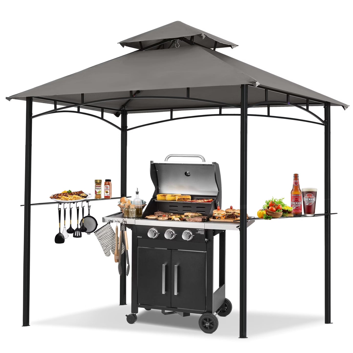 MASTERCANOPY 8' x 5' Grill Gazebo Outdoor BBQ Gazebo Canopy with LED Lights for Patio, Brown